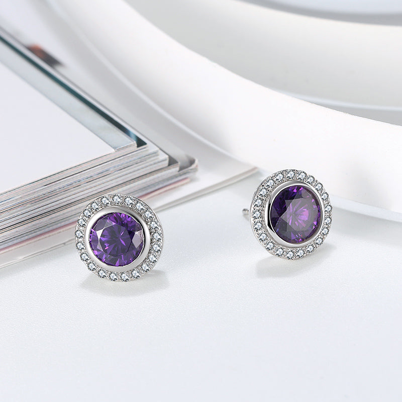 Halo 3D Stud Earringsfor Women Sterling Silver Purple Cz Ginger Lyne Collection