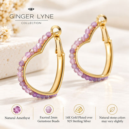 Heart Hoop Earrings for Women 14K Gold Plated Sterling Silver Natural Purple Amethyst - Purple
