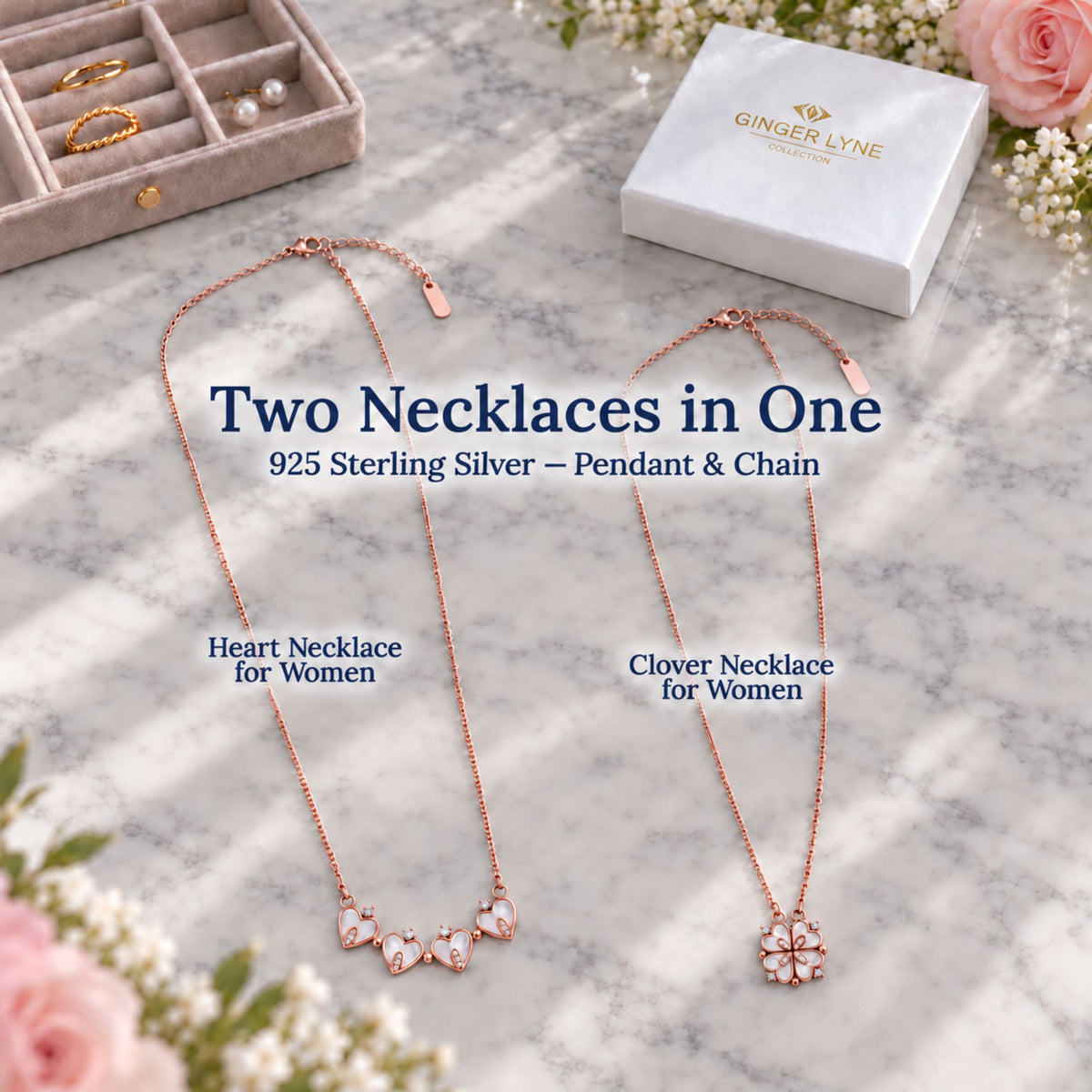 4 Leaf Clover Heart Pendant Necklace for Women Magnetic Sterling Silver Ginger Lyne Collection - Rose Gold