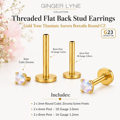 GoldPlatedTitaniumFlatBackEarringsRoundSolitaireCZStudEarringsforWomen,BodyJewelry,ConchHelixTragusLabretPiercing6Pc_Clear-7