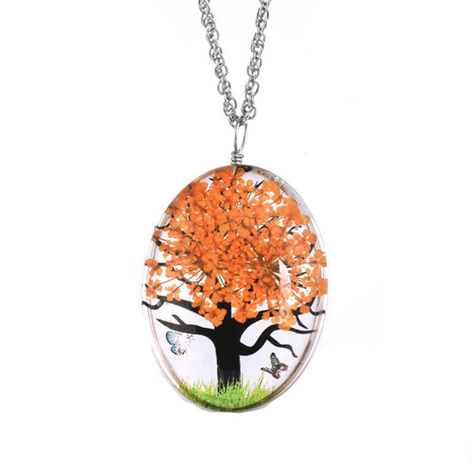 Dried Flower Oval Tree Butterfly Pendant Necklace Women Ginger Lyne Collection