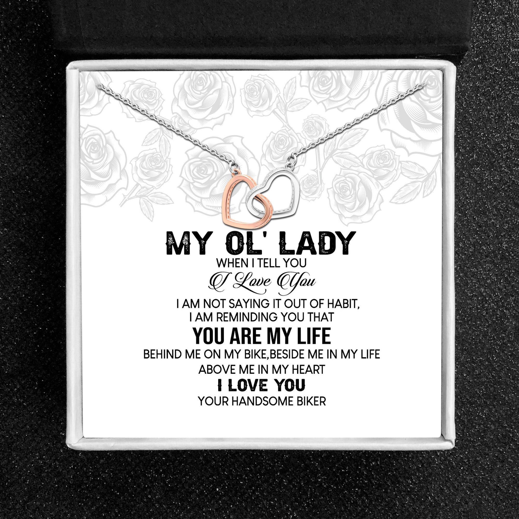 My Ol Lady Biker Wife Linked Hearts Necklace for women with Greeting Card Ginger Lyne Collection - BikerWife-003