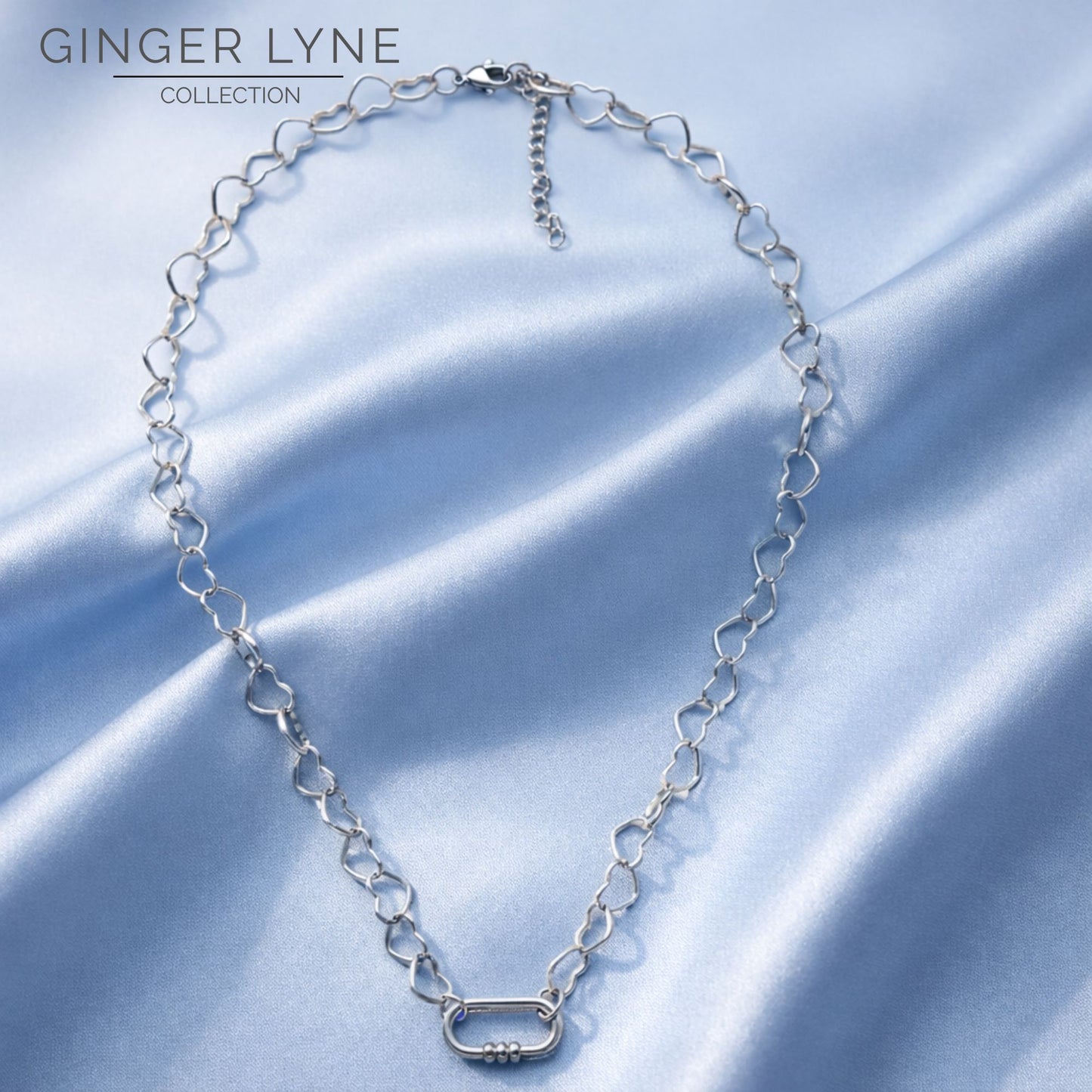 Carabiner Charm Holder Necklace for Women by Ginger Lyne Heart Chain Silver Stainless Steel 18-20"easy add Charms - Silver-Heart Chain/Rect 3 Bead CH