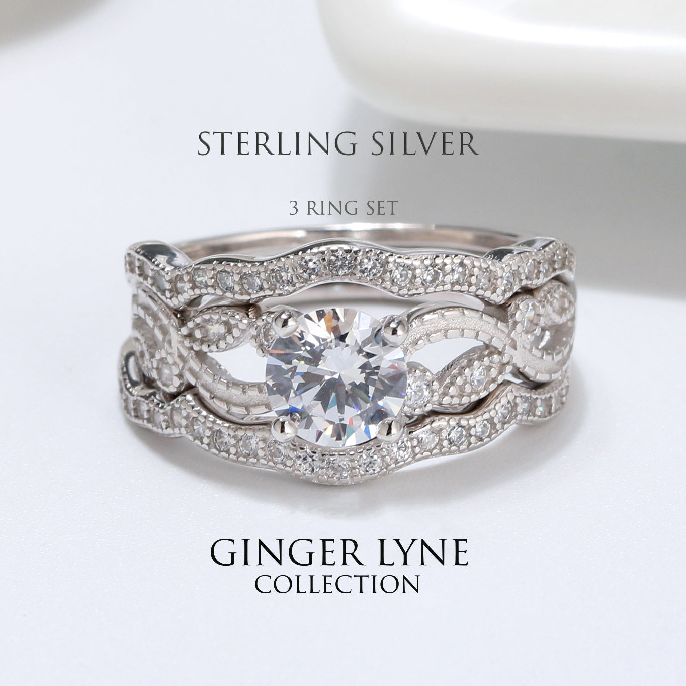 Bridal Set Engagement Ring Two Wedding Band Sterling Silver Bands Ginger Lyne Collection