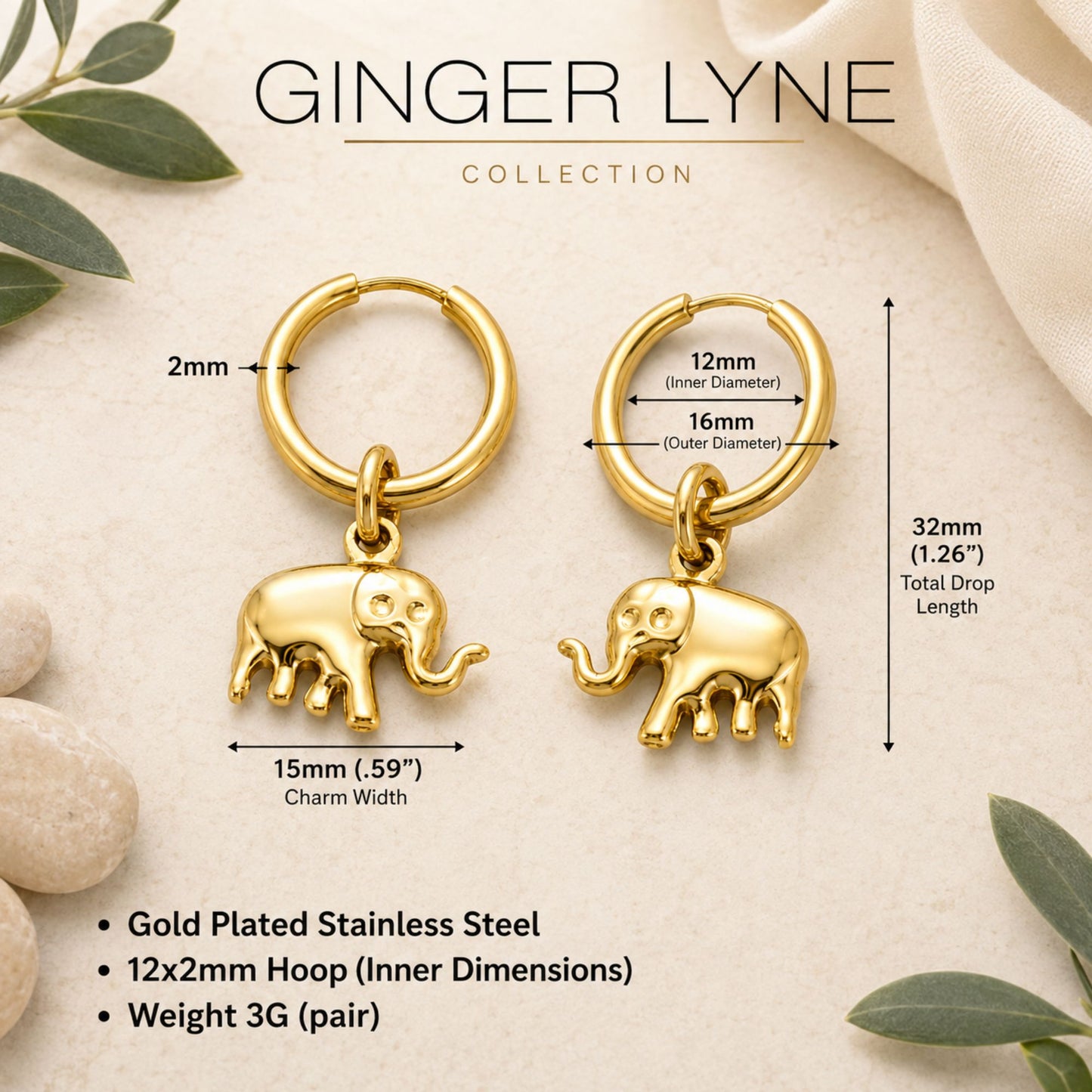 DangleElephantHoopEarringsforWomen12mmGoldPlatedStainlessSteelbyGingerLyne_Silver-3