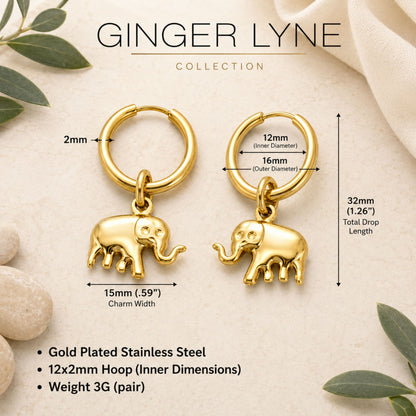 DangleElephantHoopEarringsforWomen12mmGoldPlatedStainlessSteelbyGingerLyne_Silver-3