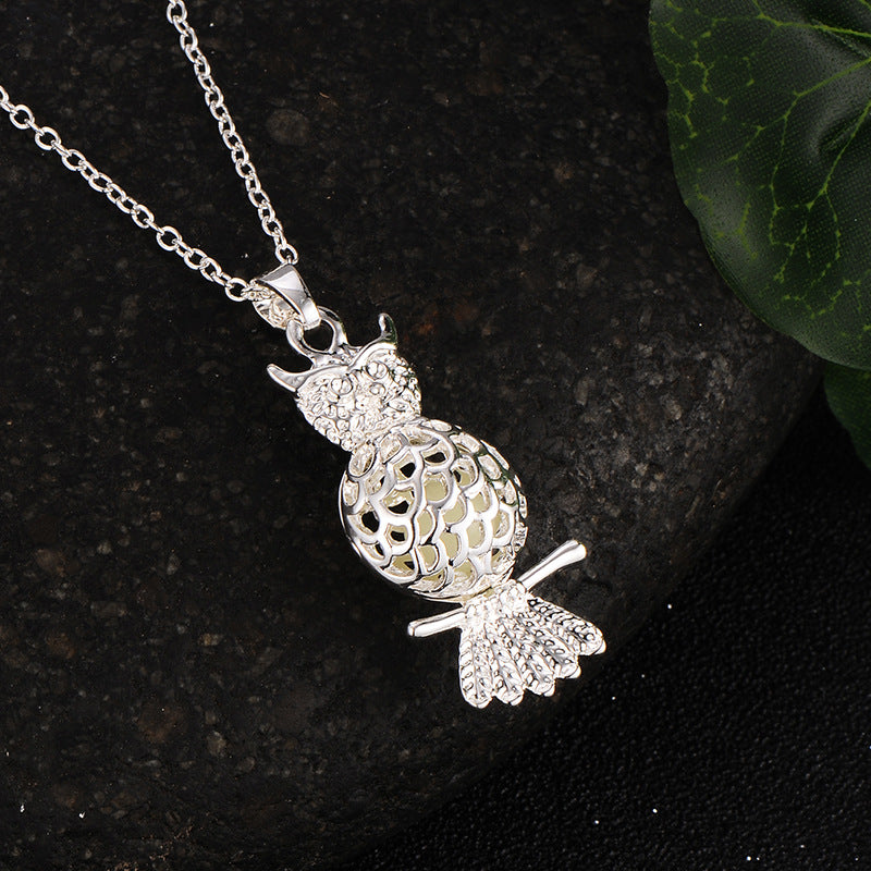 Owl Glow in Dark Necklace Silver Plated Women Ginger Lyne Collection - Blue - Blue