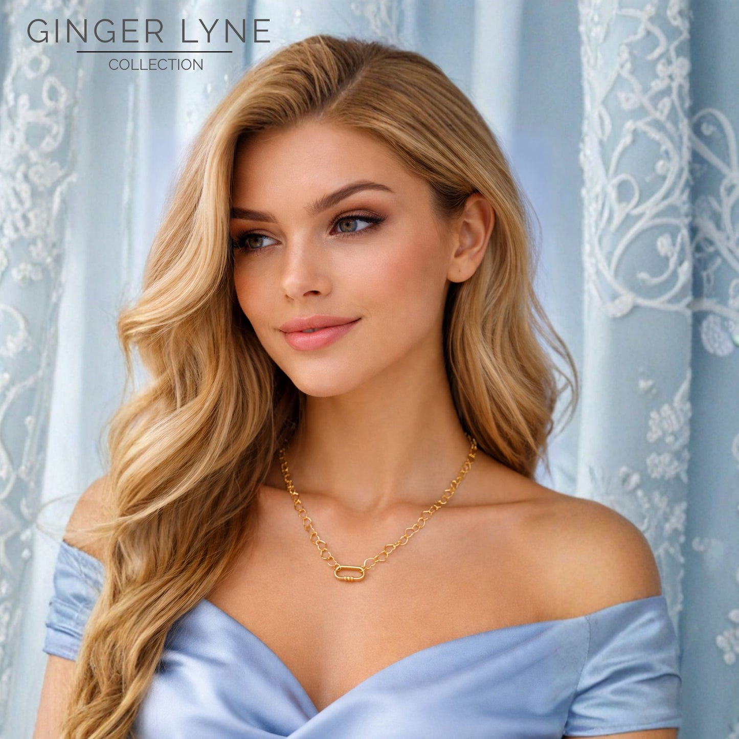 Carabiner Charm Holder Necklace for Women by Ginger Lyne Heart Link Chain 18KT Gold Plated Stainless Steel 18-20" - Gold-Heart Chain/Rect 3 Bead CH