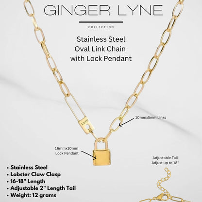 OvalChainNecklaceforWomenLockPendant18KGoldPlatedStainlessSteelAdjustableto18"GingerLyne_Gold-5