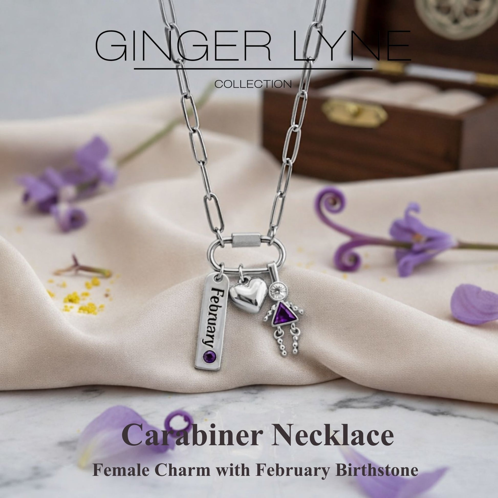 Carabiner Family Birthstone Necklace for Mom or Grandma by Ginger Lyne Stainless Steel CZ Birthday Charms_Female-February-Silver-2