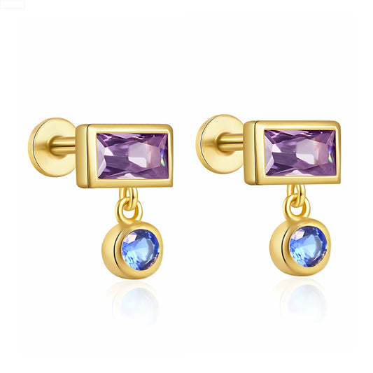 EmeraldCutCZFlatBackEarringsforCartilageHelixTragusLobeGoldPlatedSterlingSilver1pairbyGingerLyneCollection_Purple-1