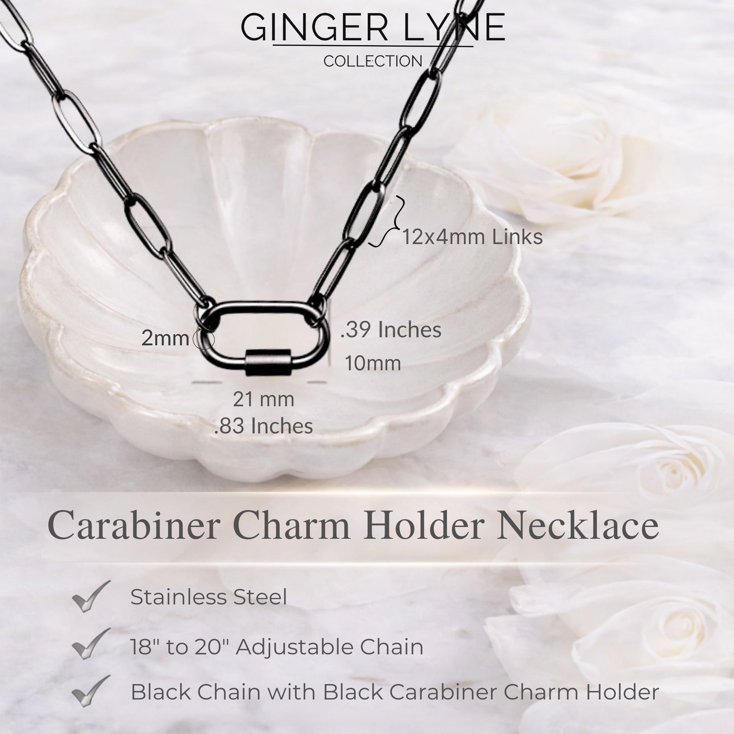 Carabiner Charm Holder Necklace for Women by Ginger Lyne Paperclip Chain Black Stainless Steel 18-20" - Black-PaperclipChain/Rect Sq CH