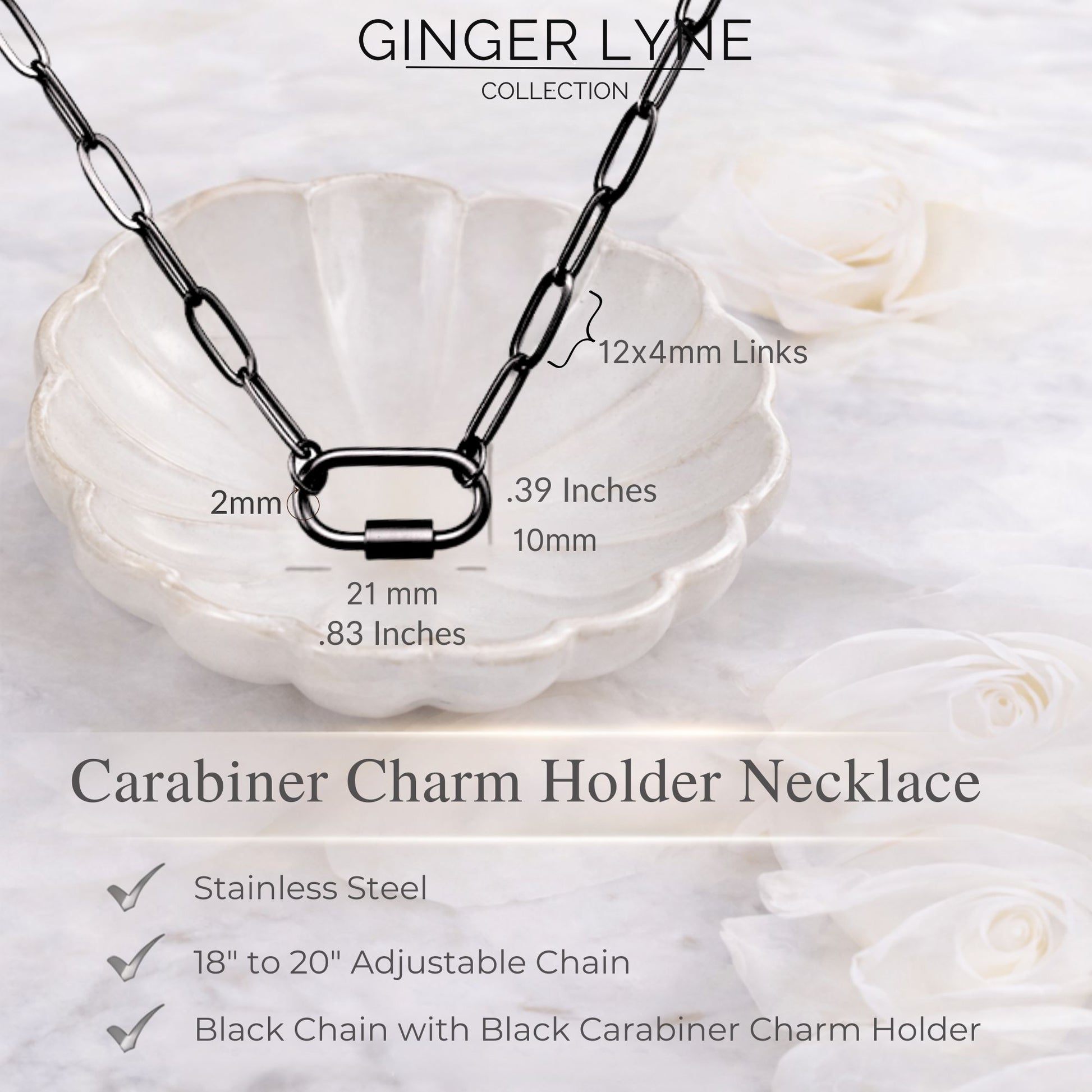 Carabiner Charm Holder Necklace for Women by Ginger Lyne Paperclip Chain Black Stainless Steel 18-20" - Black-PaperclipChain/Rect Sq CH