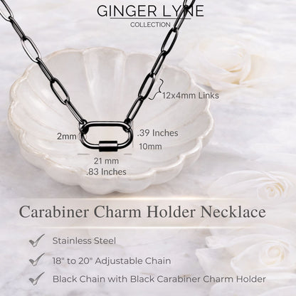 Carabiner Charm Holder Necklace for Women by Ginger Lyne Paperclip Chain Black Stainless Steel 18-20" - Black-PaperclipChain/Rect Sq CH