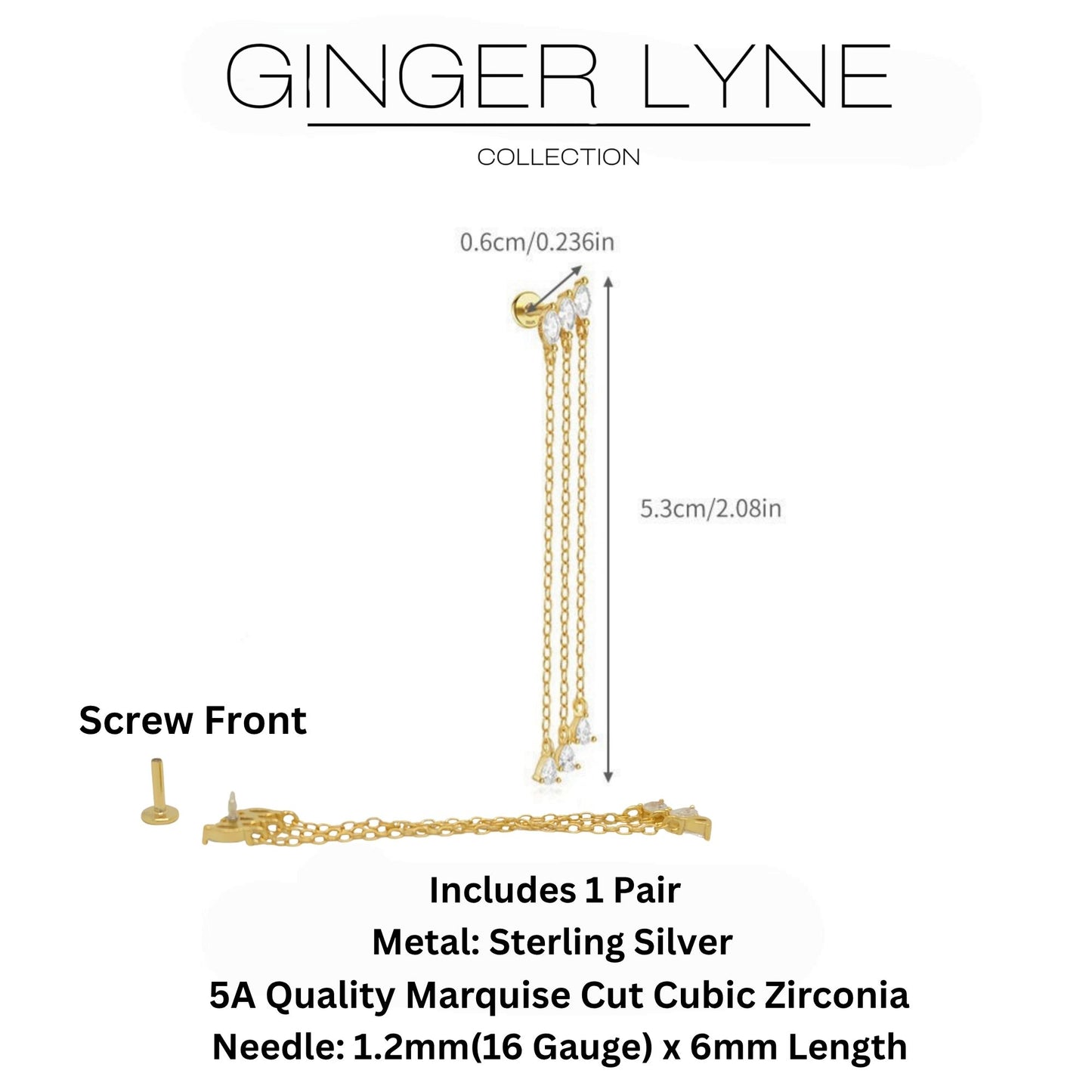 MarquiseDangleCZFlatBackEarringsforCartilageHelixTragusUpperLobeGoldPlatedSterlingSilver1pairbyGingerLyne_Gold-4