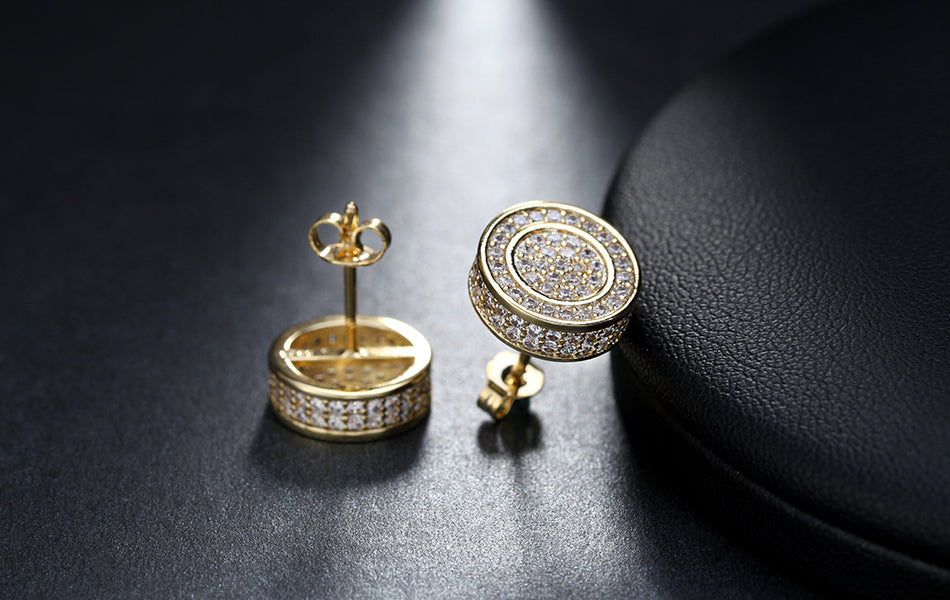 Round Stud Earrings for Women 3D CZ Iced Out White Gold Plated Ginger Lyne Collection - Gold