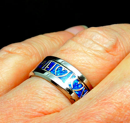 LoveBlueStainlessSteelWeddingBandRingMensorWomensGingerLyneCollection_Blue-3