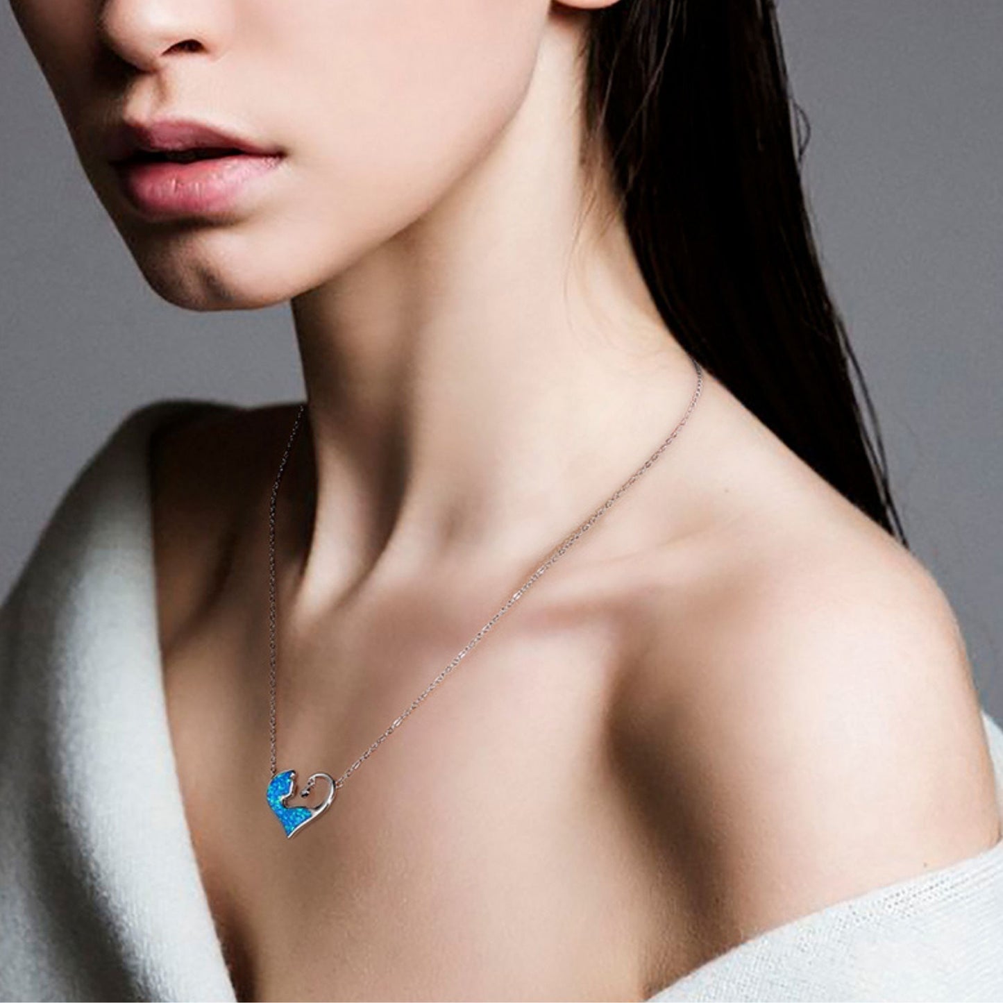 Cat Heart Pendant Necklace for Women Blue Fire Opal CZ Sterling Silver Ginger Lyne Collection - Silver
