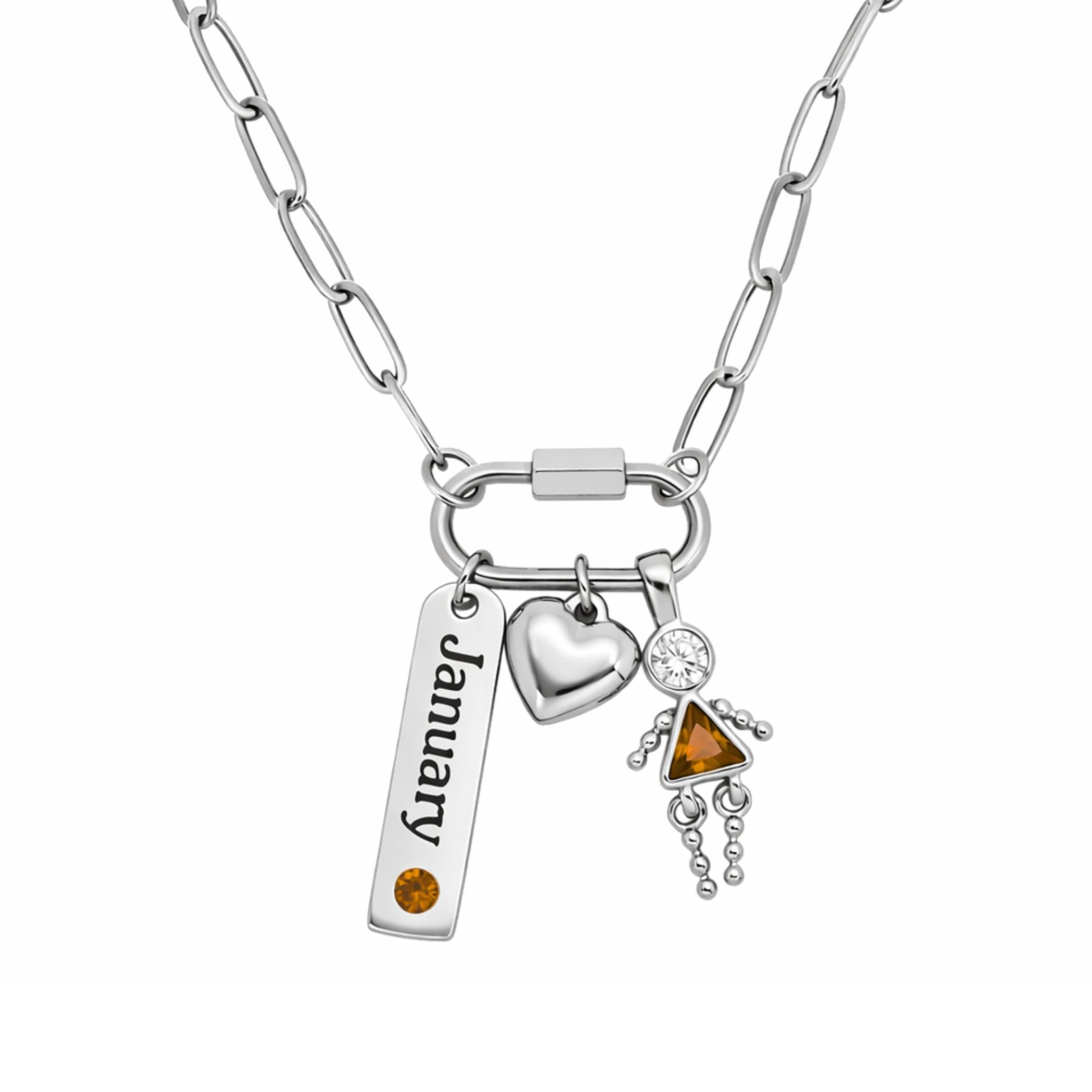 CarabinerFamilyBirthstoneNecklaceforMomorGrandmabyGingerLyneStainlessSteelCZBirthdayCharms_Female-January-Silver-1
