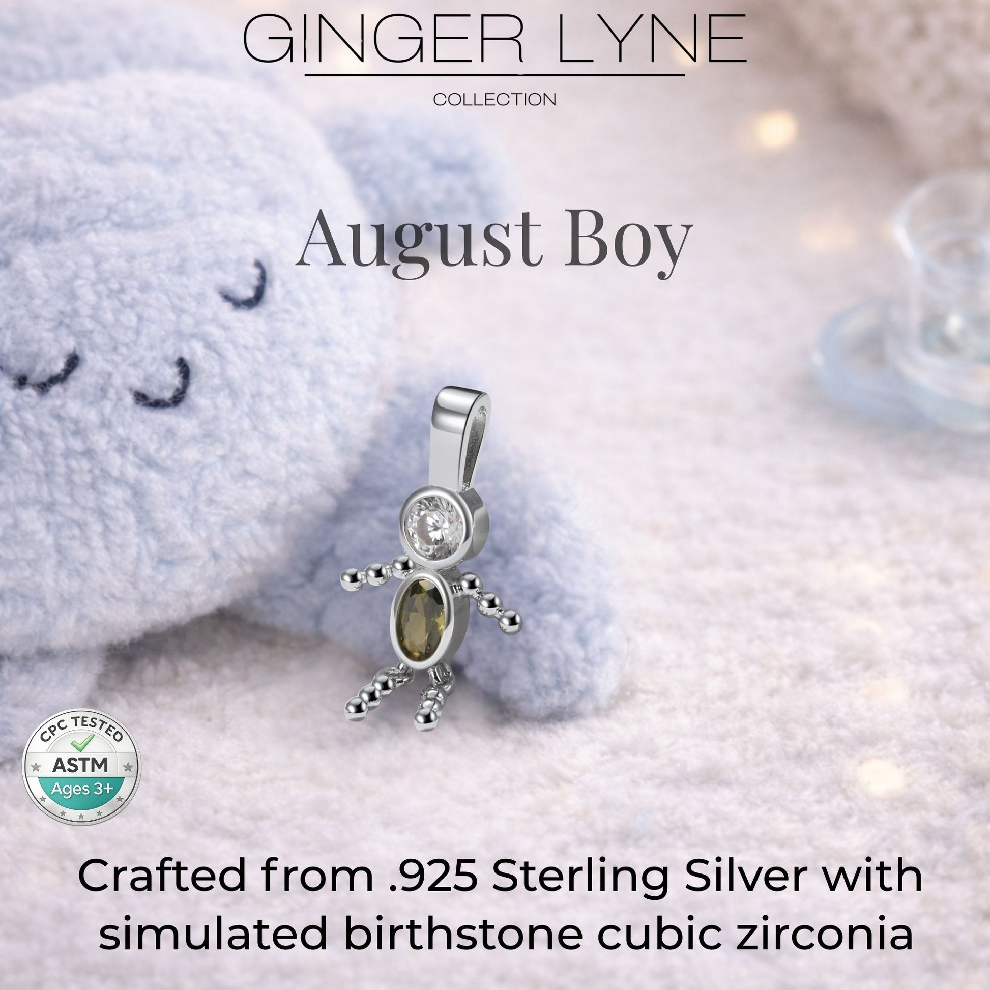 Baby Boy Birthstone Charm Children Pendants for Mom or Grandma Necklace by Ginger Lyne CZ Sterling Silver - Boy August