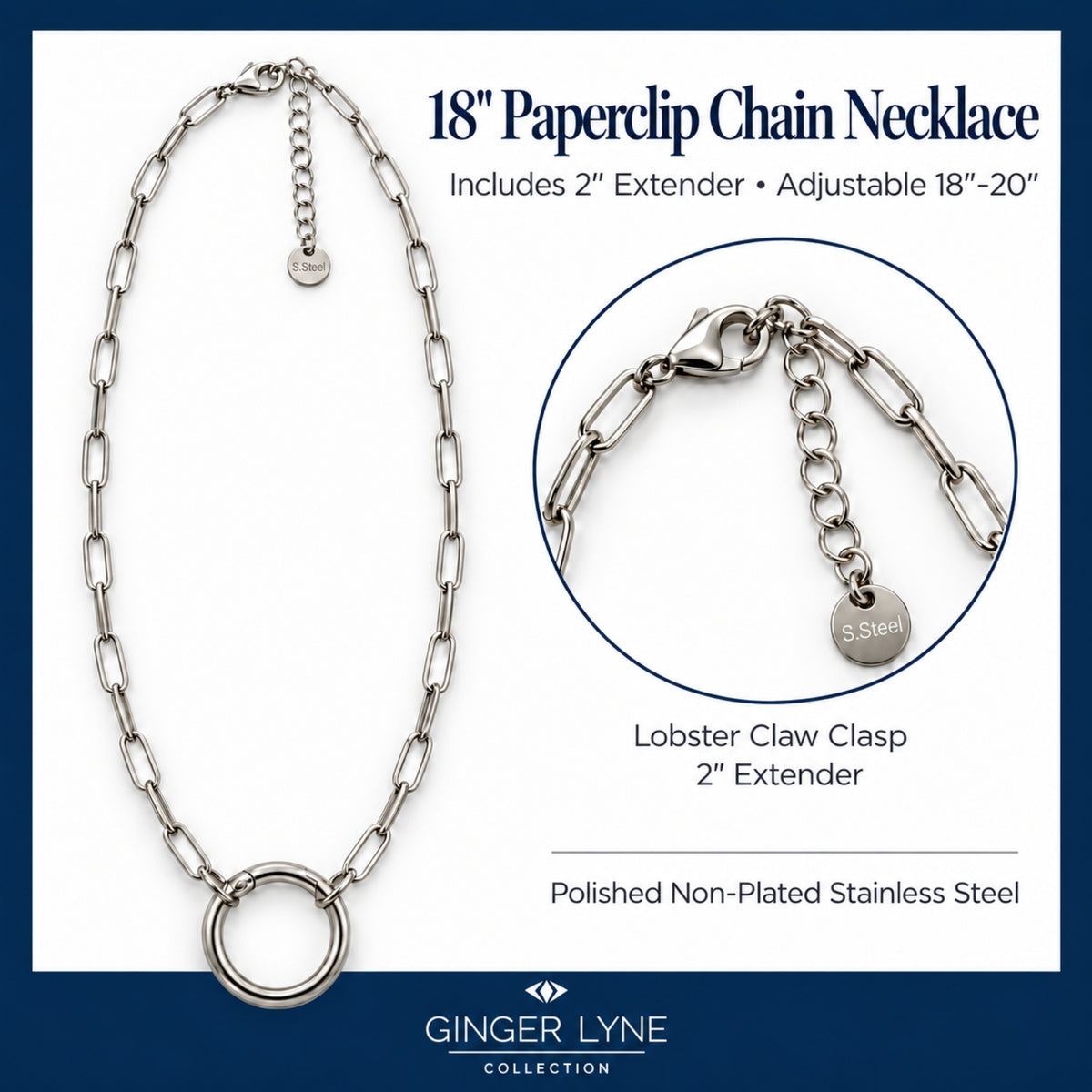 Carabiner Charm Necklace for Women Paperclip Chain Round Carabiner Holder Stainless Steel by Ginger Lyne - 20mm/Silver
