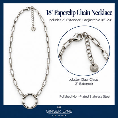 Carabiner Charm Necklace for Women Paperclip Chain Round Carabiner Holder Stainless Steel by Ginger Lyne - 20mm/Silver