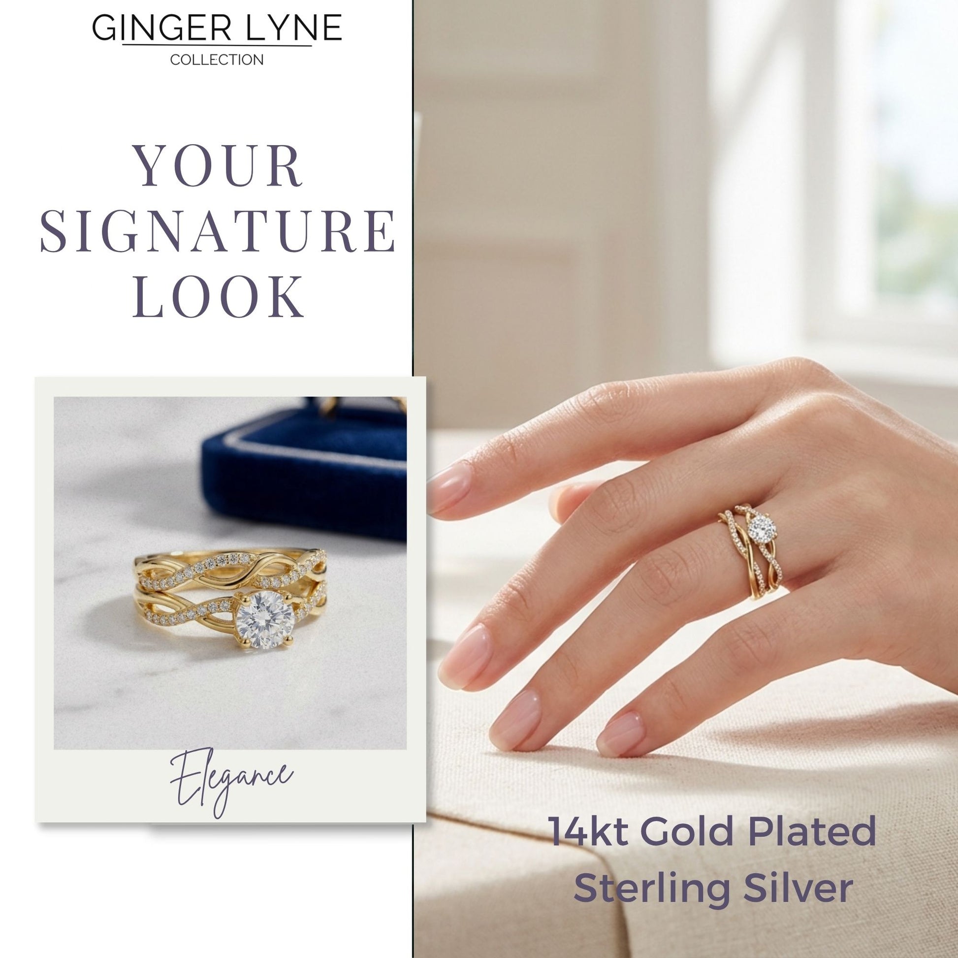 QueenaWeddingRingSetAnniversaryBandEngagementRingforWomenSterlingSterlingCzGingerLyneCollection_Gold/Sterling-5