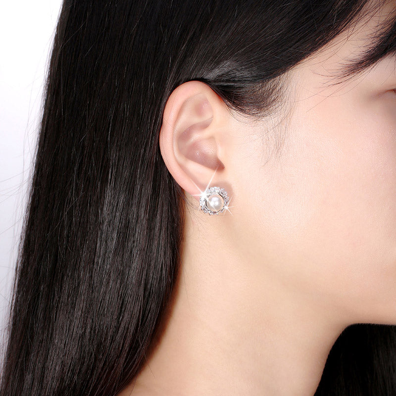 Baguette Cut Stud Earrings for Women Cubic Zirconia Simulated Pearl Ginger Lyne Collection - Silver