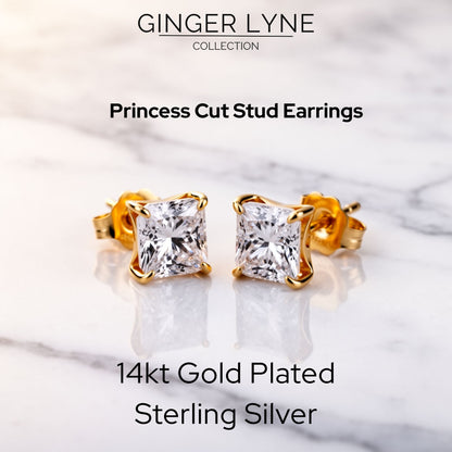 Princess Cut Stud Earrings for Women 2.5ct SolitaireCubic Zirconia Sterling Silver Ginger Lyne - Gold