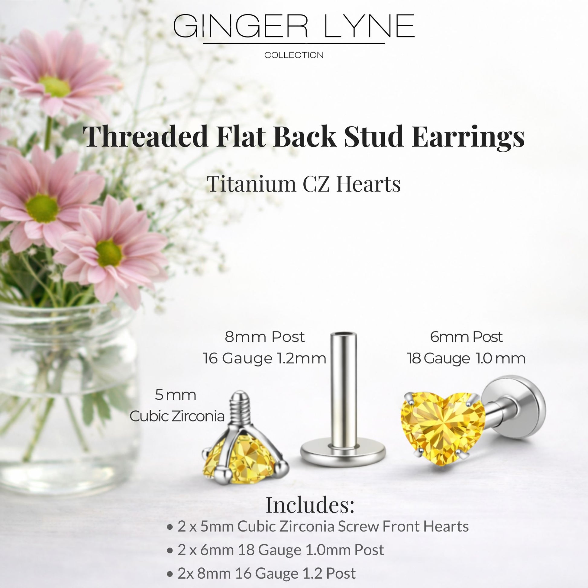 Small Heart CZ Solitaire Flat Back Stud Earrings Body Piercings by Ginger Lyne 2 Sets Post 6mm 8mm Included - 5mm-Yellow