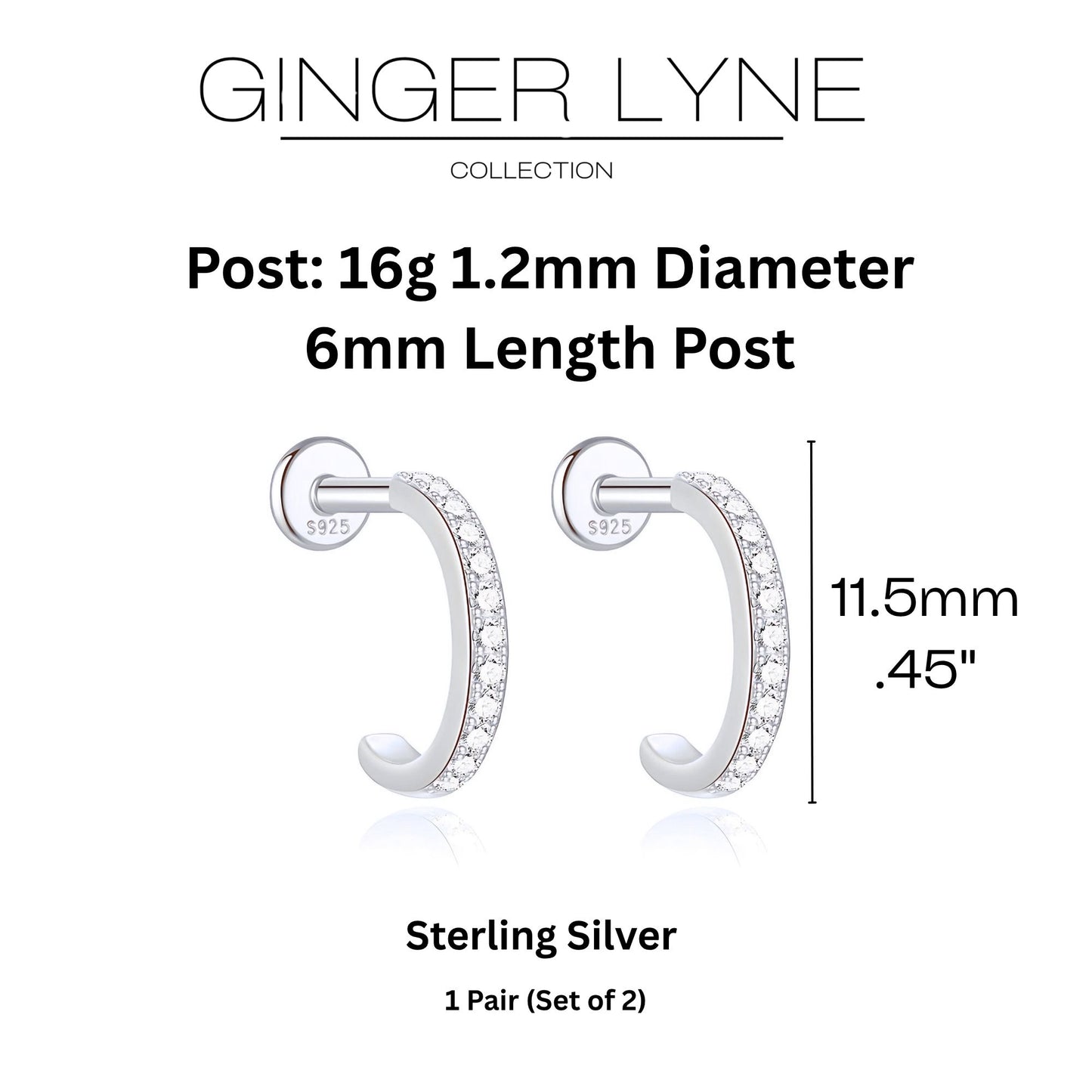 Hoop Flat Back Earrings for Women Sterling Silver 16G 6mm Cartilage Helix Upper Lobe Body Piercing Ginger Lyne - Silver