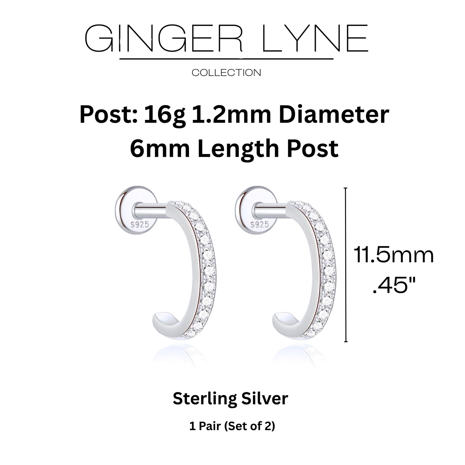 Hoop Flat Back Earrings for Women Sterling Silver 16G 6mm Cartilage Helix Upper Lobe Body Piercing Ginger Lyne - Silver