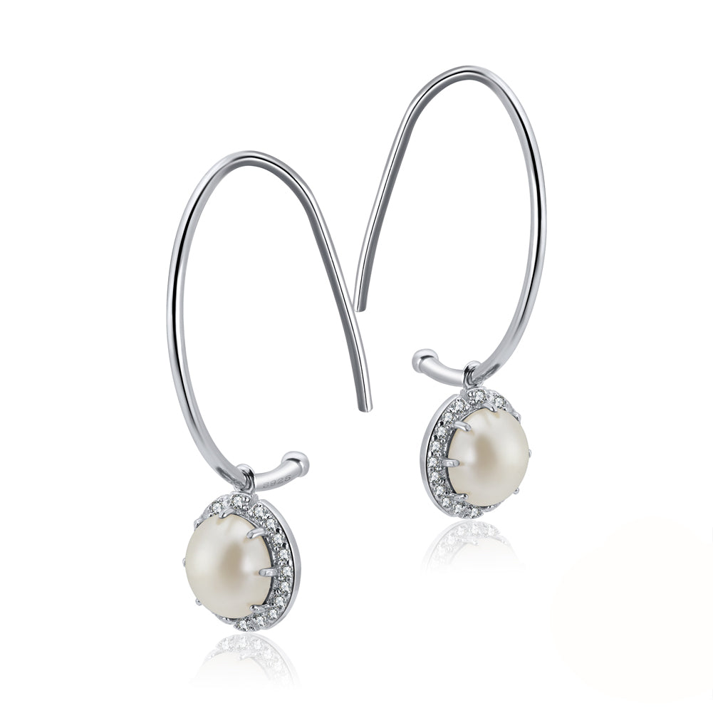 White Simulated Shell Pearl Drop Earrings for Women Sterling Silver Fish Hook Dangle Gift by Ginger Lyne - Pearl
