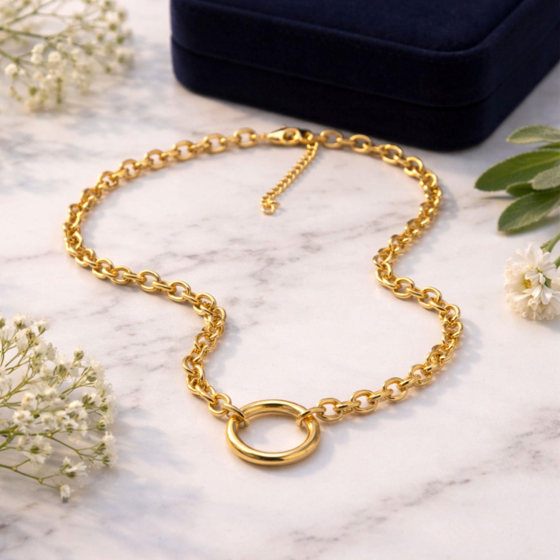 Carabiner Charm Necklace for Women O Link Chain Round Holder Stainless Steel by Ginger Lyne - 20mm/Gold