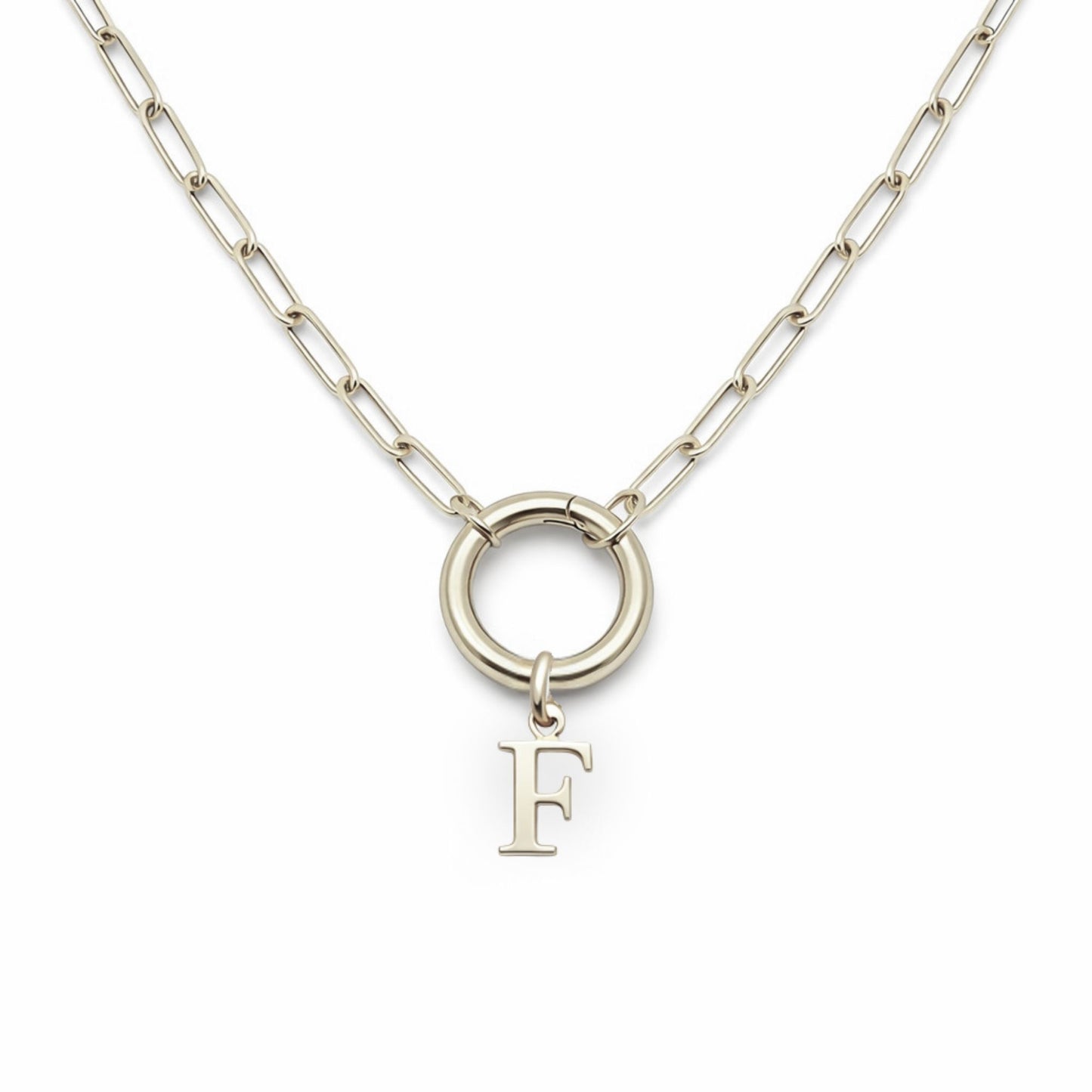 PaperclipLinkCircleCarabinerIntialLetterCharmHolderNecklaceforWomenStainlessSteel20"GingerLyne_Silver-F-1