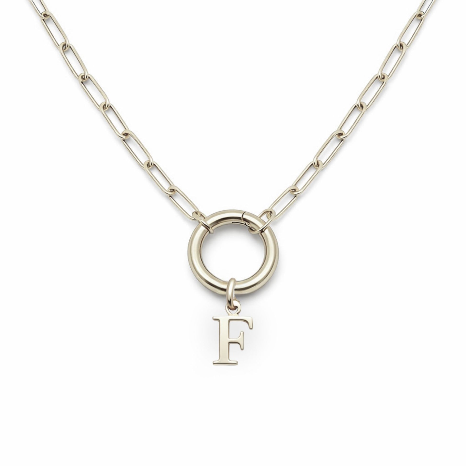 PaperclipLinkCircleCarabinerIntialLetterCharmHolderNecklaceforWomenStainlessSteel20"GingerLyne_Silver-F-1