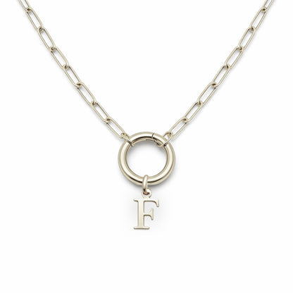 PaperclipLinkCircleCarabinerIntialLetterCharmHolderNecklaceforWomenStainlessSteel20"GingerLyne_Silver-F-1