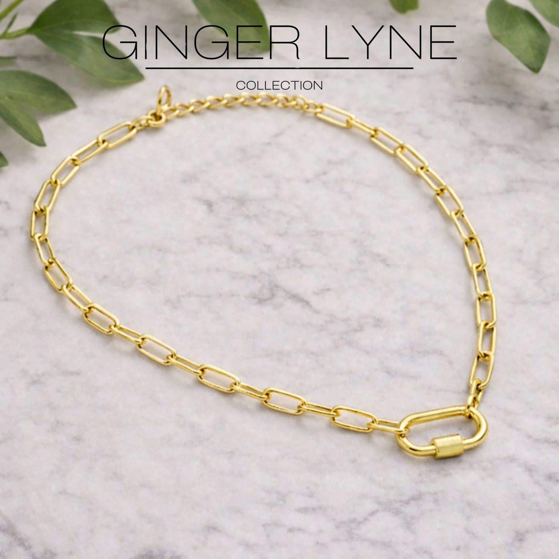 PaperclipLinkOvalCarabinerCharmHolderNecklaceforWomenStainlessSteel16"-18"GingerLyneCollection_GoldTone-3