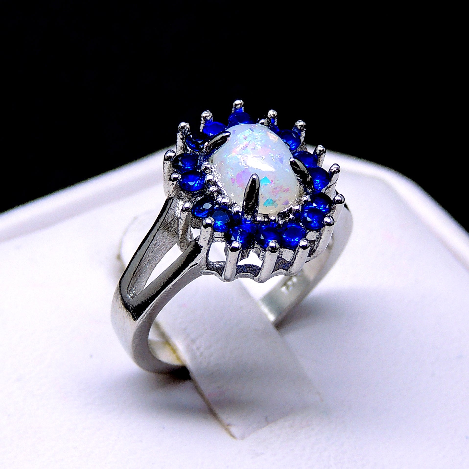 ReeseStatementEngagementRingFireOpalBlueCuWomensGingerLyneCollection_Silver-3