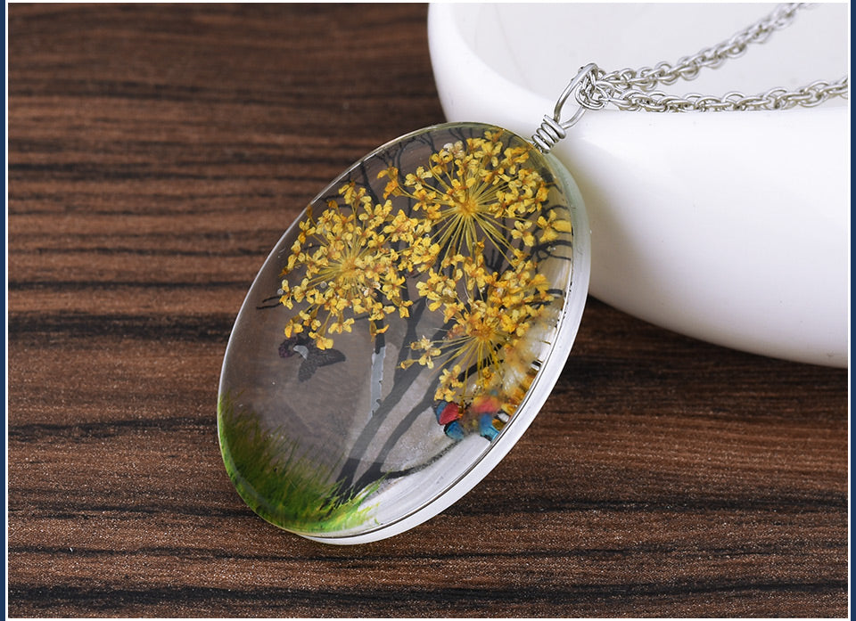 Dried Flower Oval Tree Butterfly Pendant Necklace Women Ginger Lyne Collection