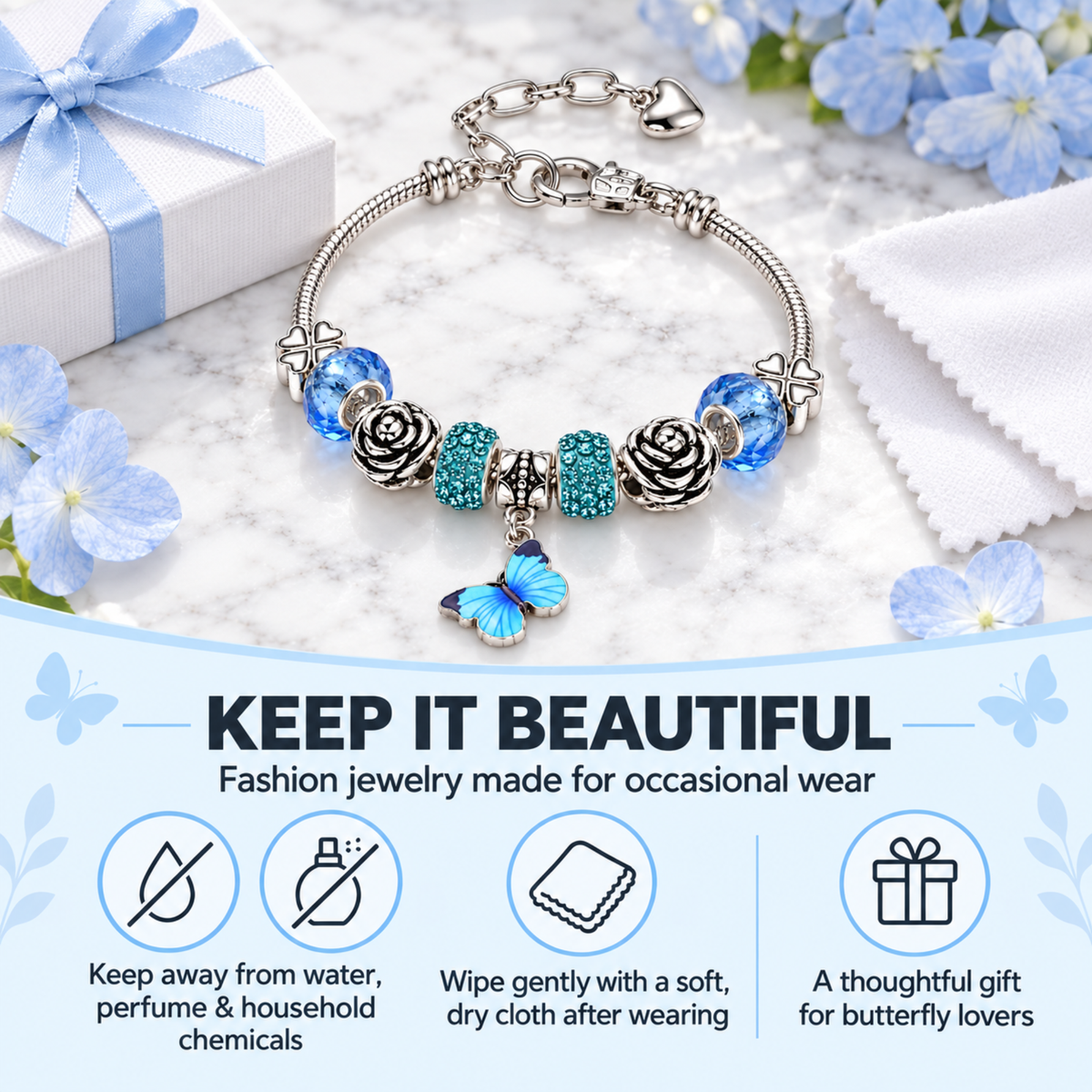 BlueButterflyCharmBraceletforWomenFourLeafCloverSnakeChainbyGingerLyne_Blue-7