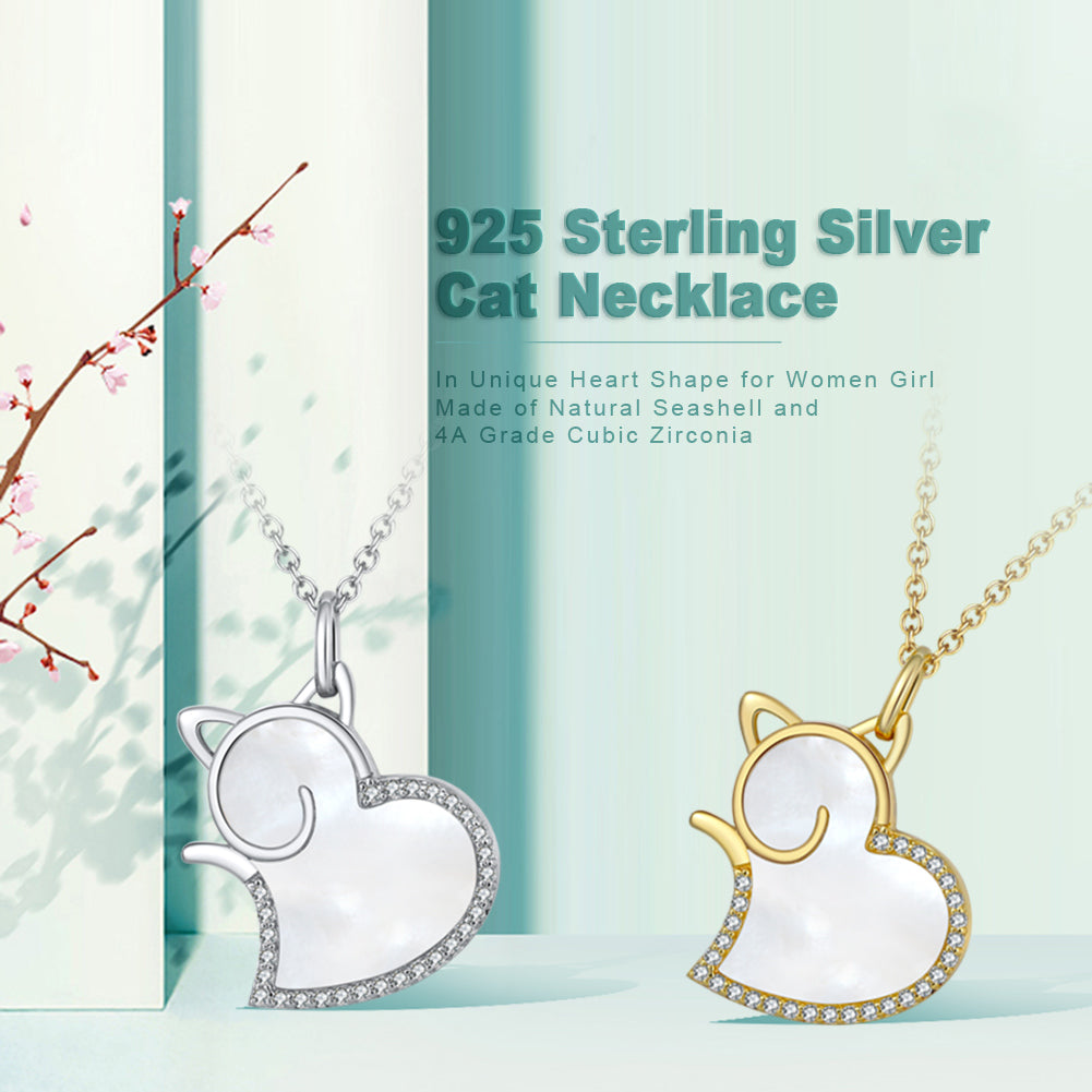 Cat Heart Pendant Necklace for Women Seashell CZ Sterling Silver Ginger Lyne Collection - Gold