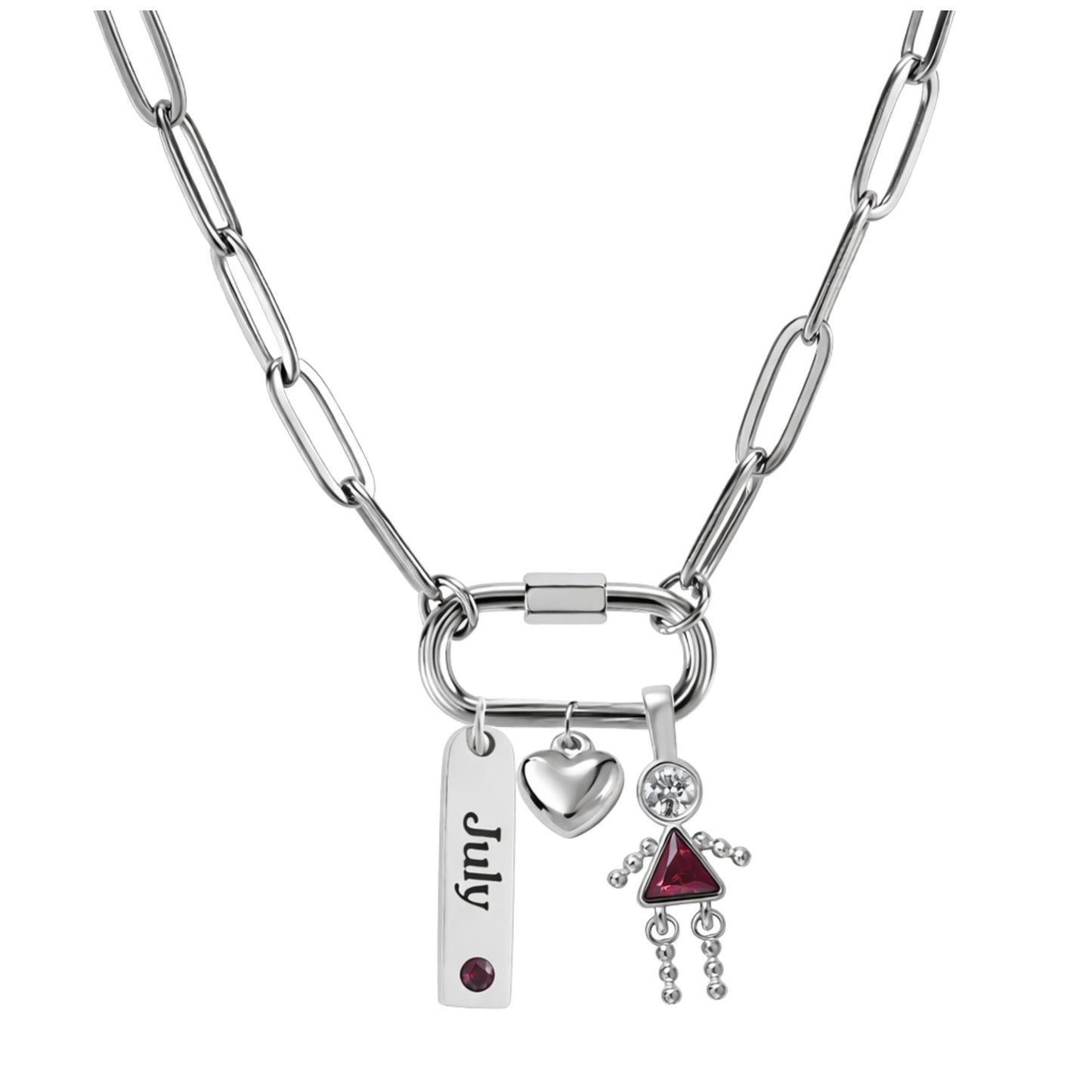CarabinerFamilyBirthstoneNecklaceforMomorGrandmabyGingerLyneStainlessSteelCZBirthdayCharms_Female-July-Silver-1