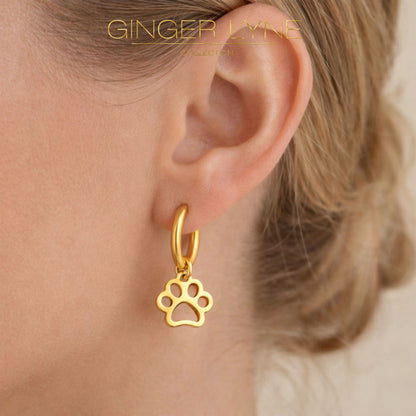 DogPawCharmDangleHuggieHoopEarringsforWomenbyGingerLyne16mmStainlessSteel_Gold-4