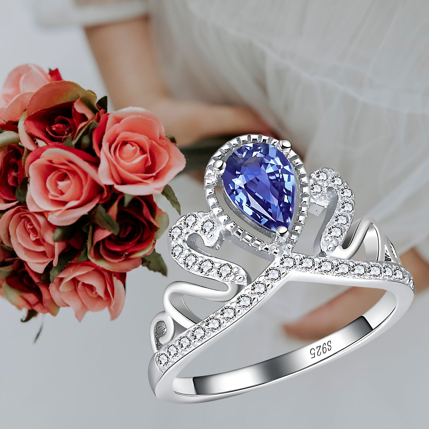 Crown Engagement Enhancer Ring for Women Blue Cz Sterling Silver Ginger Lyne Collection