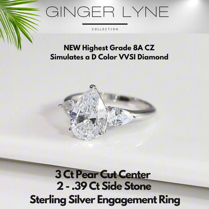 Pear Engagement Ring for Women by Ginger Lyne 3.78 Ct Sterling Silver Wedding Rings