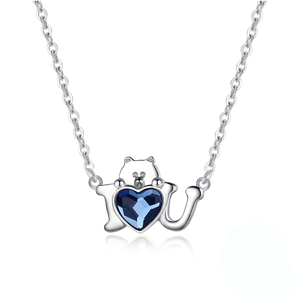 Teddy Bear I Love You  Necklace for Women Blue Heart Cz Sterling Silver Ginger Lyne Collection