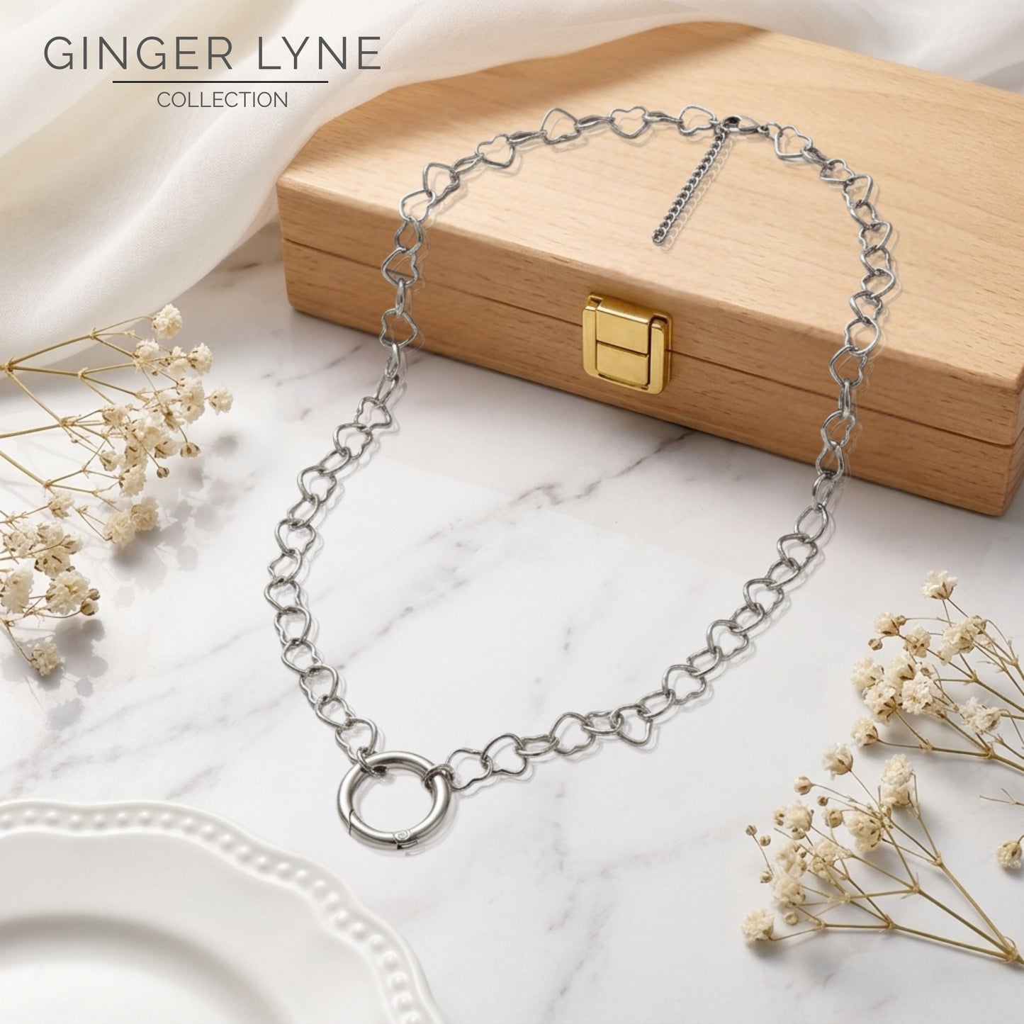 Carabiner Charm Necklace for Women Heart Chain Round Carabiner Holder Stainless Steel by Ginger Lyne - 20mm/Silver
