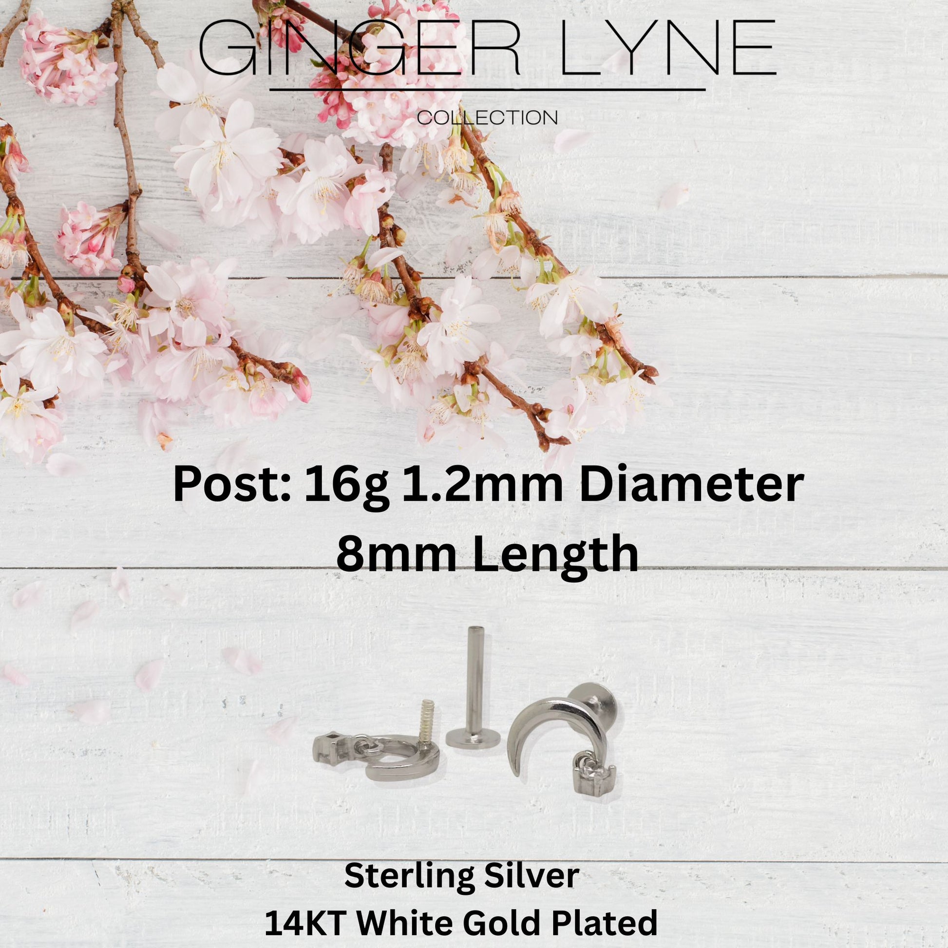 Moon and Star Flat Back Earrings for Women Sterling Silver 16g Cartilage Helix Lobe Body Piercing Stud Ginger Lyne