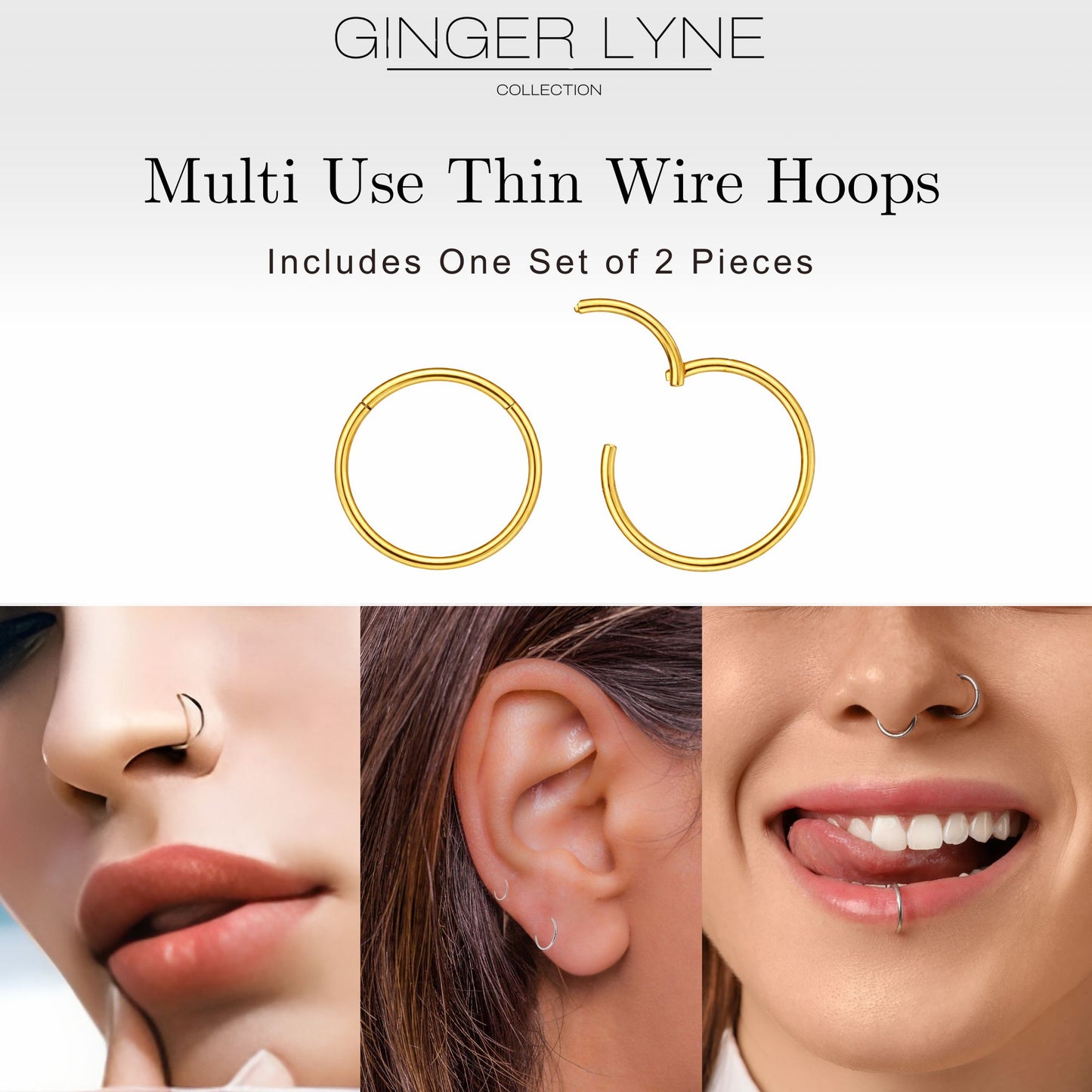 Thin Hoop Earrings Ginger Lyne 20 Gauge Stainless Steel Hinged Clicker for Lobe Cartilage Nose Piercing Body Jewelry - Gold-8mm